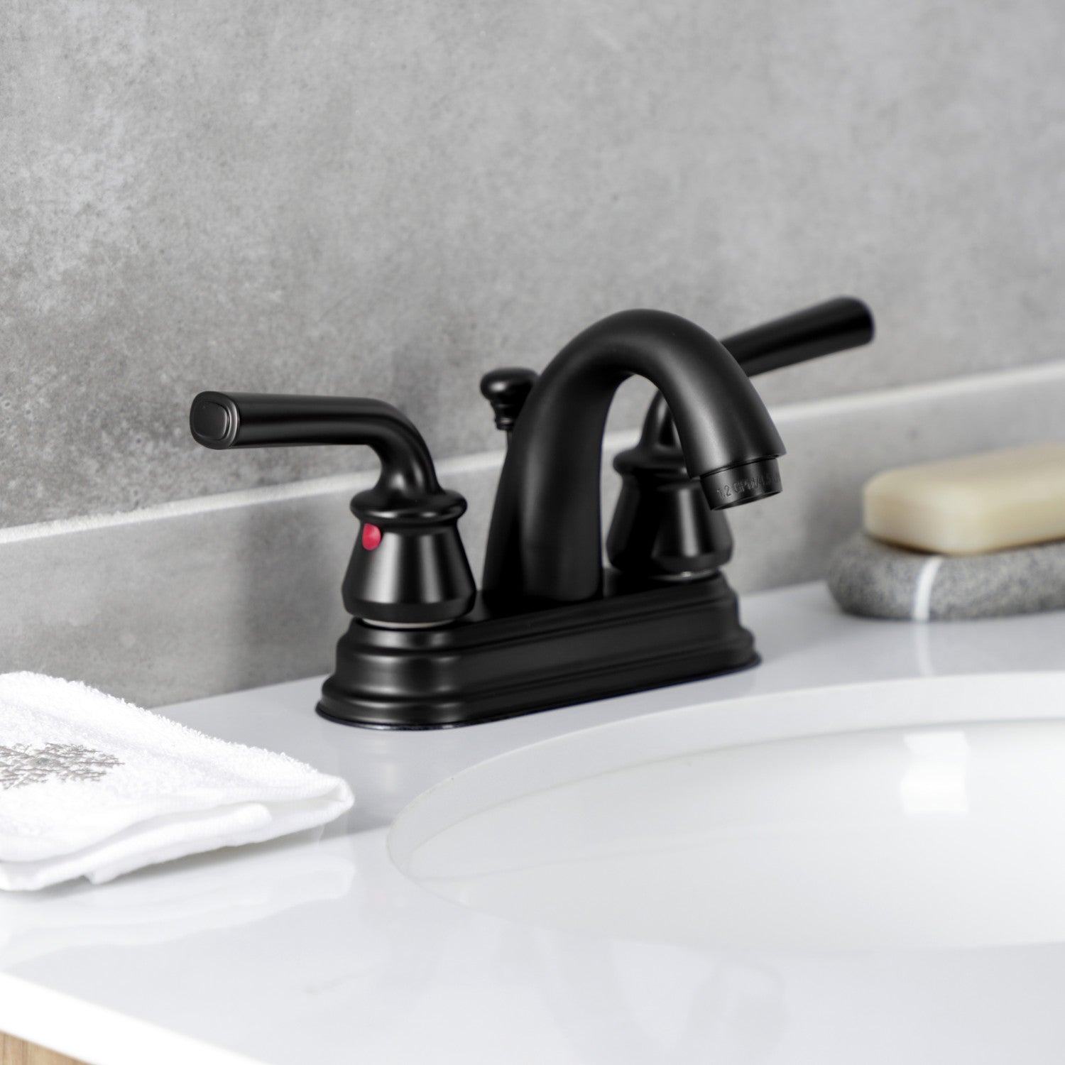 Kingston Tulare KB5610RXL - Restoration Double-Handle 3-Hole Deck Mount 4-Inch Centerset Bathroom Faucet with Pop-Up Drain, Matte Black — thumbnail 3